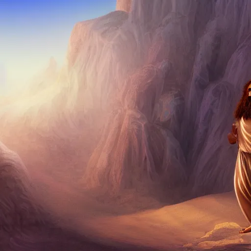 Image similar to an Artstation 3d render of Very very very very highly detailed beautiful mystic photo of jesus in the desert, intricate, extremely detailed, digital painting, artstation, concept art, smooth, sharp focus, illustration, intimidating lighting, incredible art,