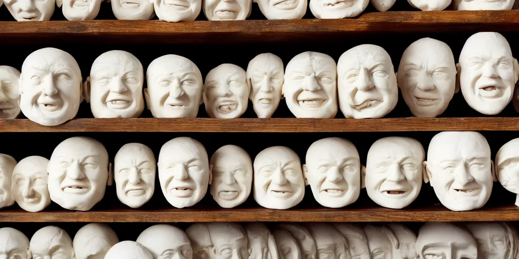 Prompt: an huge collection of hundreds of white clay sculpted abstract and deformed heads in a rustic wooden letterbox, white matte porcelain, sculptures, museum display