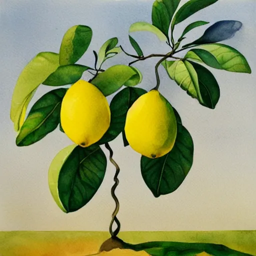 Prompt: lemon tree, trending on artstation, watercolor painting, surrealist painting by Salvador Dalí