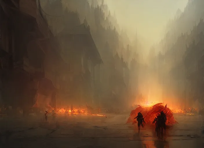 Prompt: knights look at the ruined world fire volumetric lighting, digital painting, highly detailed, artstation, sharp focus, illustration, concept art, ruan jia, steve mccurry, amazing composition