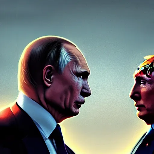 Prompt: Donald Trump vs Vladimir Putin, face to face staring, civil war style, highly detailed, digital painting, artstation, concept art, smooth, sharp focus, illustration, cinematic lighting, art by artgerm and greg rutkowski and alphonse mucha