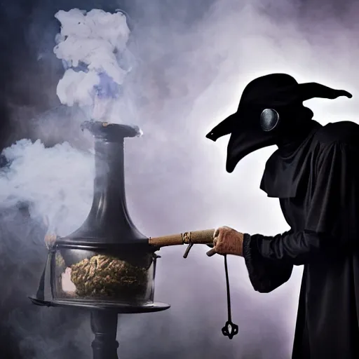 Image similar to a plague doctor exhaling a huge smoke cloud from his halloween bong, award winning candid photography