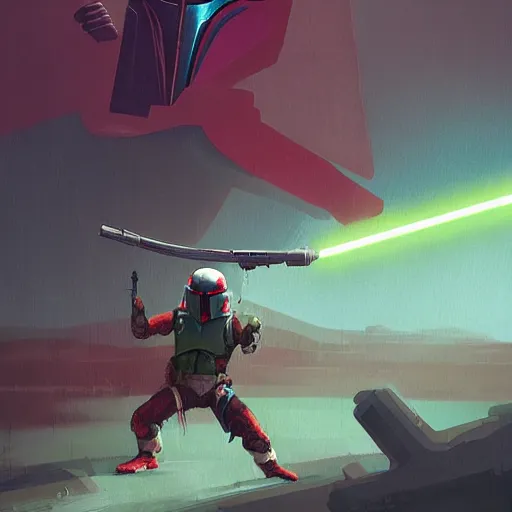 Image similar to Boba fett as a sith warrior artwork by Simon stalenhag