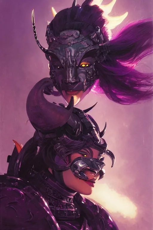 Image similar to extreme close up, facial portrait, woman with a long black ponytail in purple sci - fi armor, wearing a kitsune mask, shoulder pad is a glowing oni mask, striking pose, portrait dnd, painting by gaston bussiere, craig mullins, greg rutkowski, yoji shinkawa