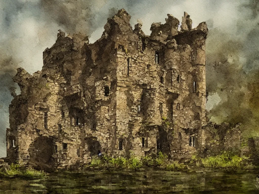 Prompt: A water painting of a dilapidated ancient castle building in the wood