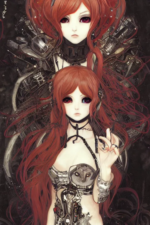 Image similar to portrait of beautiful young gothic anime maiden, cute. cyberpunk, Warhammer, highly detailed, artstation, illustration, art by Gustav Klimt