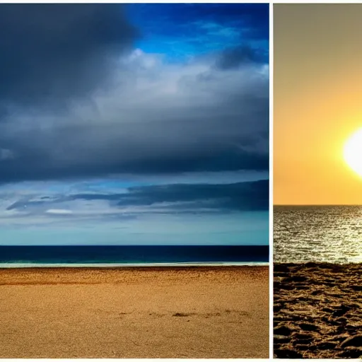 Prompt: a photo, on top of the photo a cloudy sky visible, at right corner of photo we see the sun, left corner is sea and beach