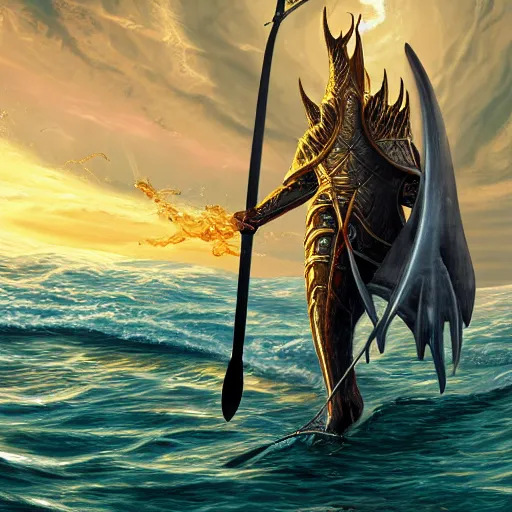 Image similar to lord sauron on his new paddle fishing a giant swordfish, cap canaveral background, digital art, trending on art station, high quality, uhd 8 k, beautiful, golden hour, intricate detail, high gradient, raytracing