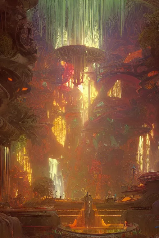 Prompt: Concept Digital Art Highly detailed Alien Art Deco Cybertron lazy river inside of the Palace of the Primes with glowing red water at night by greg rutkowski, Ilya repin, alphonse mucha, and Edmund Blair Leighton. Very highly detailed 8K, octane, Digital painting, the golden ratio, rational painting, sharp