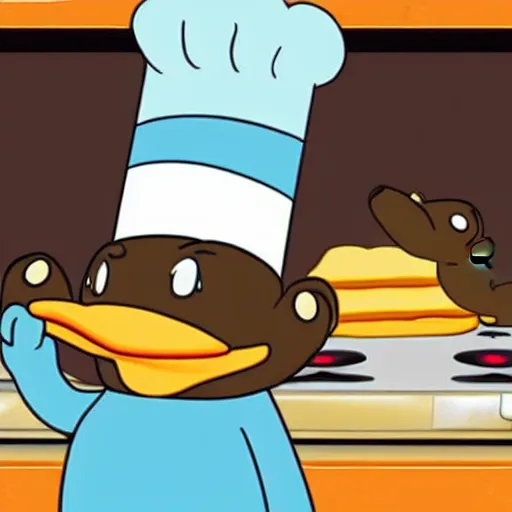 Image similar to cute platypus on a kitchen wearing a chef hat and holding a lasagna into an oven, anime style