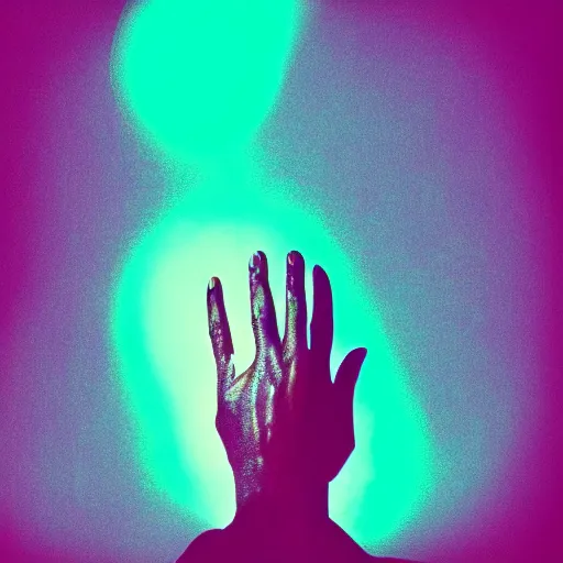 Image similar to an album cover of a man with his hand on his chin, featured on unsplash, afrofuturism, synthwave anaglyph filter, studio portrait