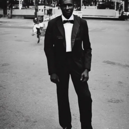 Image similar to vintage photo of a black man wearing a black suit in rio de janeiro