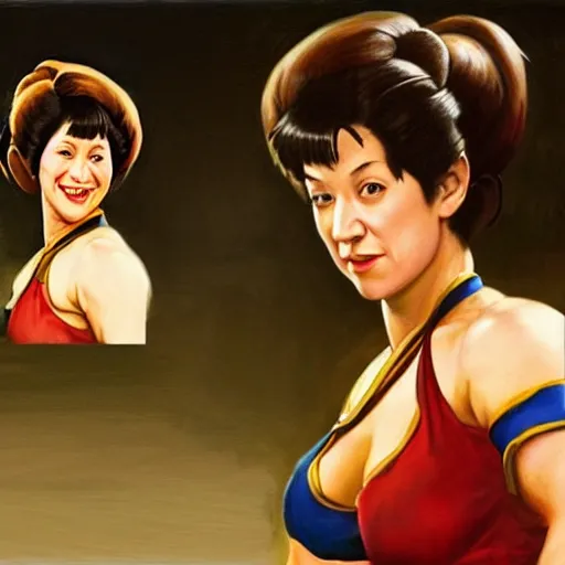 Image similar to ultra realistic kristen schaal as chun li from street fighter, painting by frank frazetta, 4 k, ultra realistic, highly detailed,