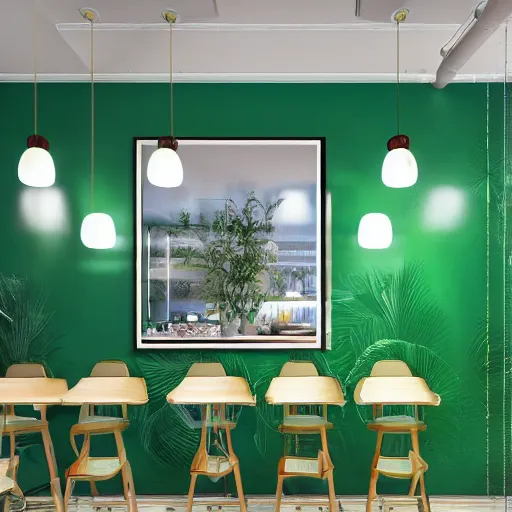 Prompt: interior design of a cafe, green and blue color scheme, vivid lighting, photorealist, 4 k