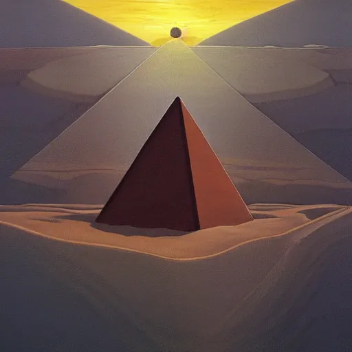 Prompt: a beautiful painting of a large pyramid floating above a vast desert with people gathered underneath by moebius