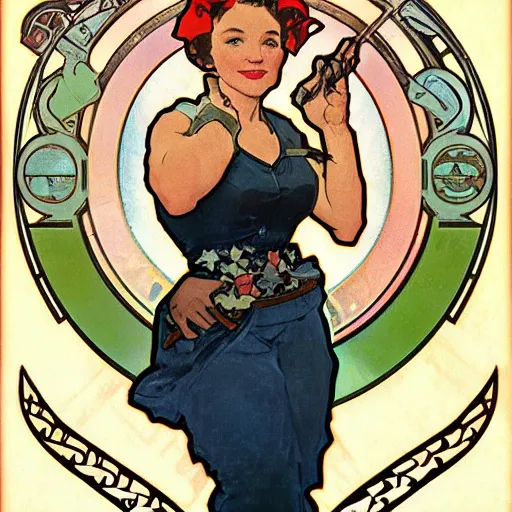 Image similar to a portrait of Rosie the riveter by Alphonse Mucha, art nouveau card, concept art, wlop, trending on artstation, 8k