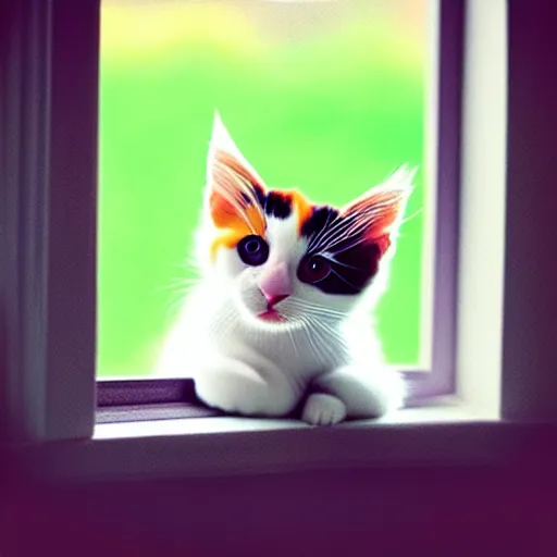 Image similar to cute calico kitten looking out of the window on a [ [ [ [ [ beautiful ] ] ] ] ] ] summer day, featured on artstationg, gorgeous!!!