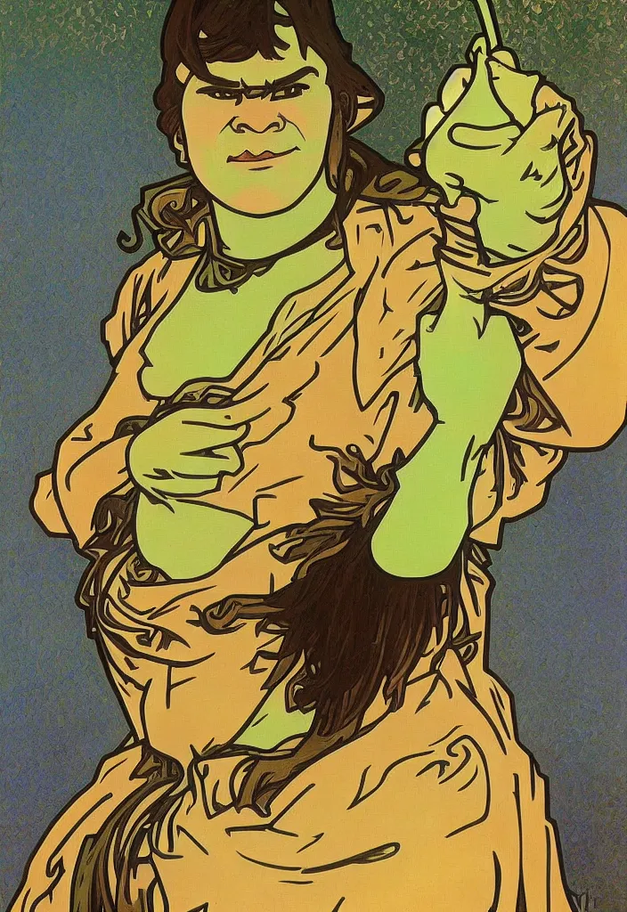 Image similar to yann lecun as shrek, in art style by alphonse mucha