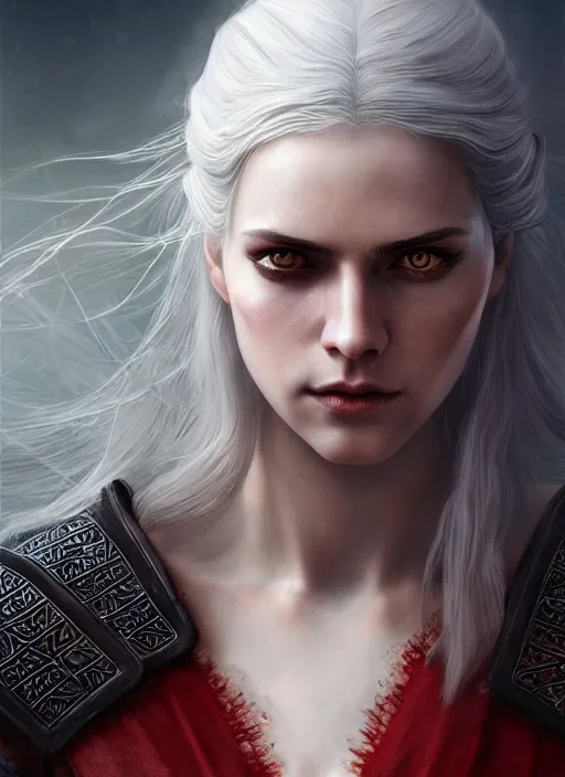 Prompt: witcher girl, fine art, awesome, award winning, hyperrealistic symmetrical hyperdetailed dark fantasy landscape, fantasy magic, sensual white skin beauty beauty red long hair windy intricate, elegant, sharp focus, cinematic lighting, highly detailed, digital painting, concept art, art by wlop and artgerm and greg rutkowski, masterpiece, trending on artstation, 8 k