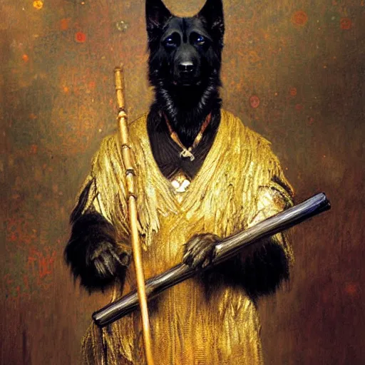 Prompt: a portrait of a black german shepard dogman canine with human eyes smiling holding a staff stick lord of the rings. highly detailed painting by gaston bussiere craig mullins jc leyendecker gustav klimt artgerm greg rutkowski