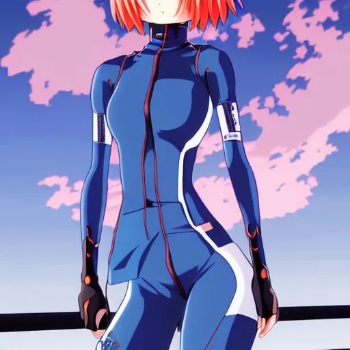 Image similar to anime art, anime fullbody shot of female rei ayanami, long blue hair and large eyes, finely detailed perfect face, in a modern skintight plugsuit, laying on a rooftop, flooded metropolis in ruins, red sea, trending on pixiv fanbox, evangelion, extremely high quality artwork by ilya kuvshinov