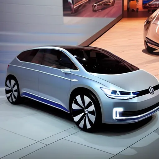 Prompt: a volkswagen concept car for the metaverse in a showroom