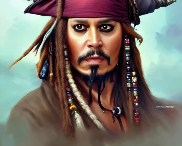 Image similar to captain jack sparrow with a smirk, photography of kurzgesagt, deep focus, d & d, fantasy, intricate, elegant, highly detailed, digital painting, artstation, concept art, matte, sharp focus, illustration, hearthstone, art by artgerm and greg rutkowski and alphonse mucha