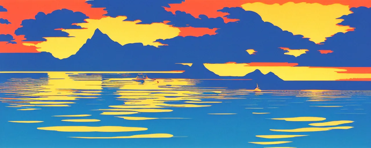 Prompt: serene bora bora landscape, golden hour, hiroshi nagai