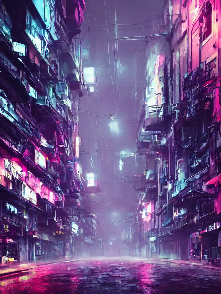 Prompt: neonpunk street, hanging cables, narrow, garbadge on the ground. rain. fog, haze, evening. led screens. very messy. futuristic. photorealistic