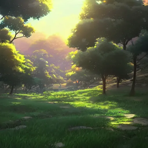Prompt: vivid anime landscape by makoto shinkai, uwu, trending on artstation