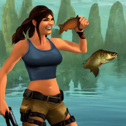 Image similar to lara croft fishes and she laughs because she got shoes