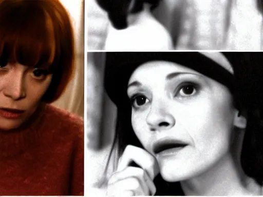 Image similar to film still of a beautiful beatnik girl staring into space, anna karina, mary louise parker, vintage fashion