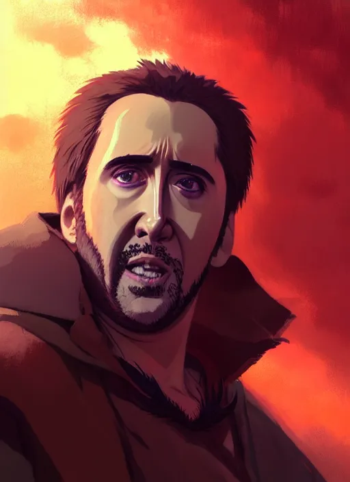 Image similar to portrait of nicolas cage from mandy, red sky background woodland landscape illustration concept art anime key visual trending pixiv fanbox by wlop and greg rutkowski and makoto shinkai and studio ghibli and kyoto animation