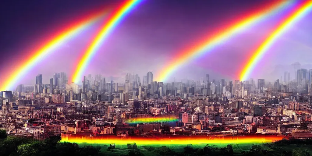 Image similar to a huge city landscape with a dawn mood, many rainbows in the background, incredible digital art, many rainbows, wide angle,