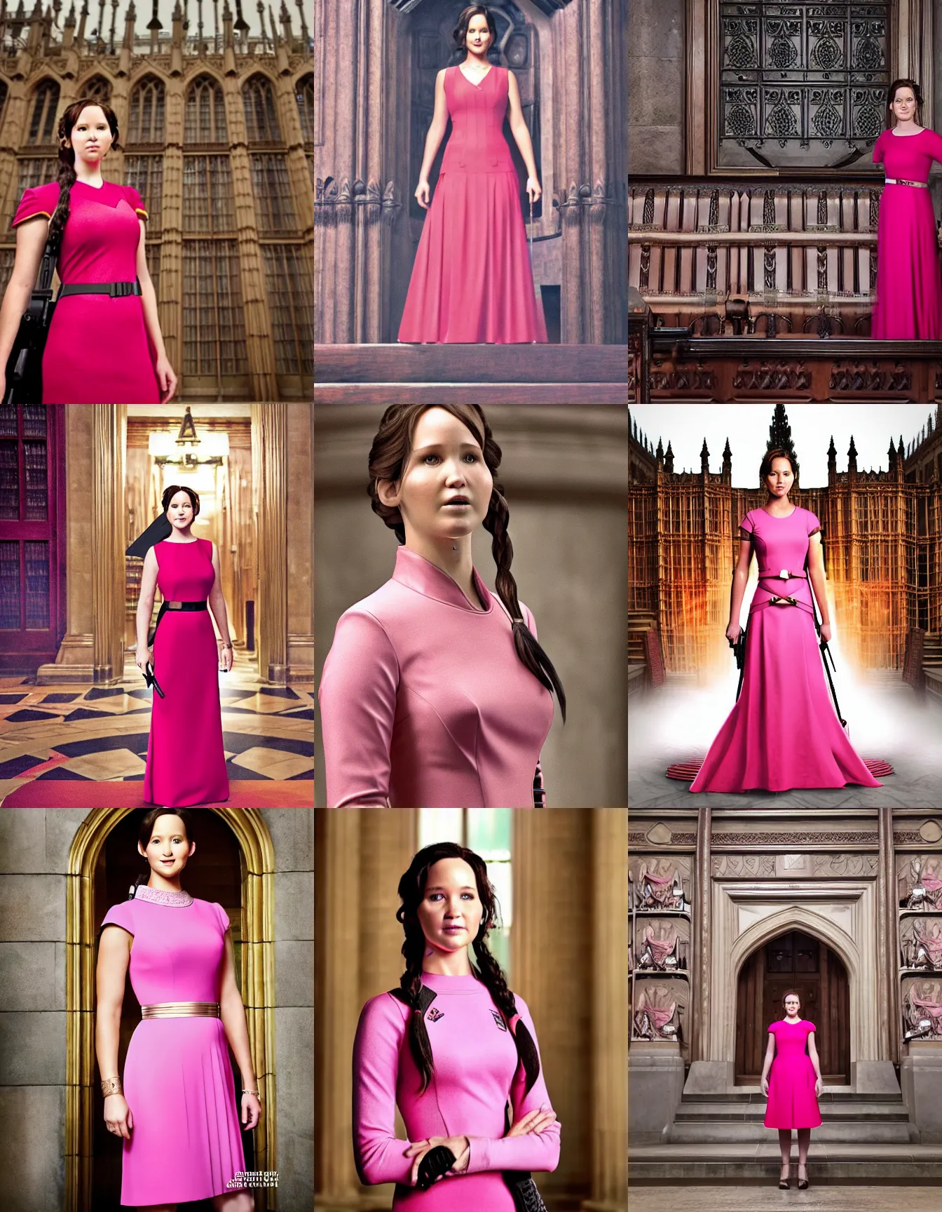 Prompt: official portrait photo of katniss everdeen, wearing a pink dress, inside the houses of parliament