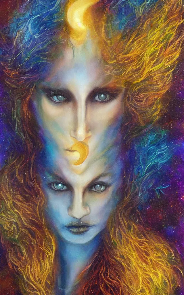 Image similar to iridescent spirit of desire and fear cruel beautiful spirit (androgynous) with golden eyes lunar mythos ambient fog, award winning oil painting, distinct color palette