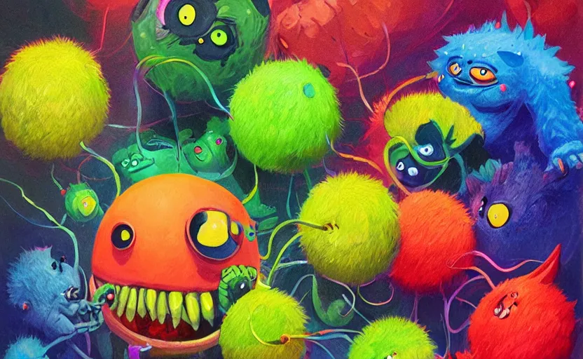 Prompt: a cinematic poster squad of tennis ball monsters, colorful, digital art, fantasy, magic, chalk, trending on artstation, ultra detailed, professional illustration by basil gogos