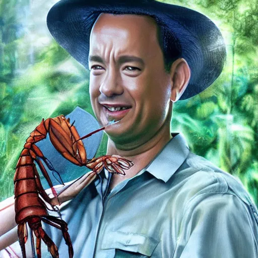 Image similar to Tom Hanks as forrest gump sitting on a giant shrimp in the jungle, realistic digital painting, in the style of Taeyoung Choi, photoreailstic, realistic face, amazing detail, sharp