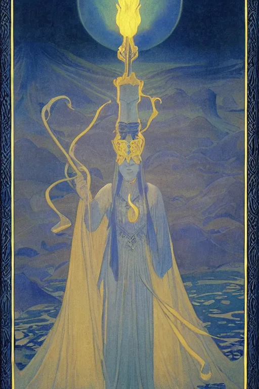 Prompt: lost queen of the night river with her scepter, by Nicholas Roerich and jean delville and Maxfield Parrish, dramatic cinematic lighting , ornate headdress , lost civilizations, extremely detailed