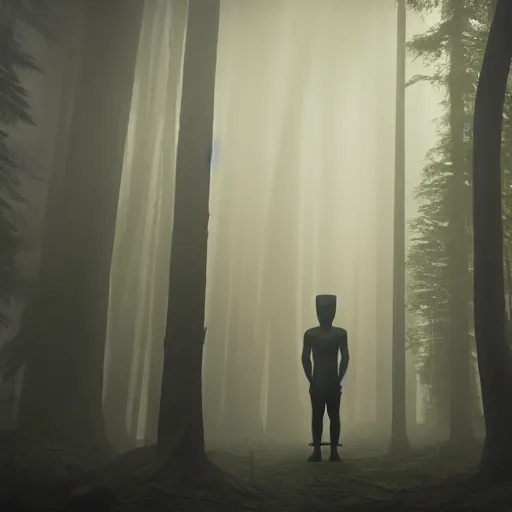 Image similar to a modern day ancient Egyptian pharaoh standing in a dark, gloomy forest, detailed, mythical, mist, fog, heavy fog, dark lighting, rim light, ambient light,