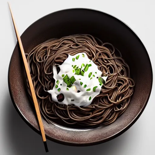 Prompt: a bowl of delicious black bean noodles, realistic, 8 k, extremely detailed, cgi, trending on artstation, hyper - realistic render, by greg rutkowski