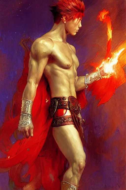 Image similar to male, fighter with magic power, red hair, character design, ming dynasty, colorful, painting by gaston bussiere, craig mullins, j. c. leyendecker, tom of finland