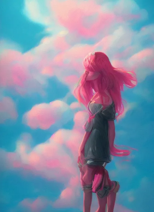 Prompt: woman, pink clouds, by loish