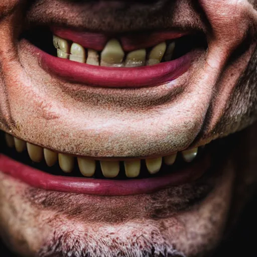 Image similar to a photo from a balded man with teeth made of wood, wood teeth, close up, photorealistic