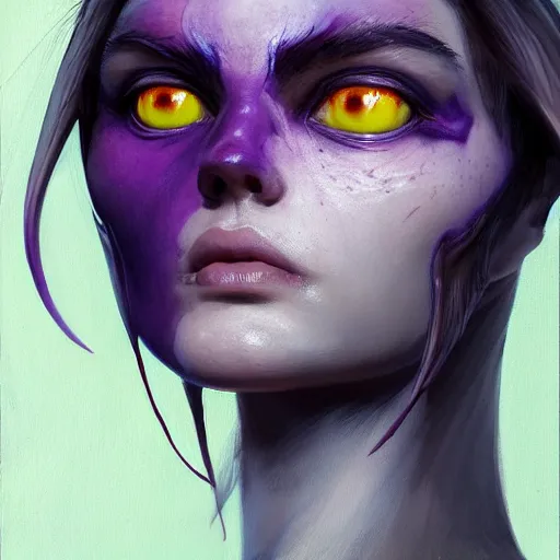 Prompt: berserker dragon girl portrait, medium shot, asymmetrical, profile picture, organic painting, sunny day, matte painting, purple flesh skin, forehead horn, bold shapes, hard edges, street art, trending on artstation, by huang guangjian and gil elvgren and sachin teng