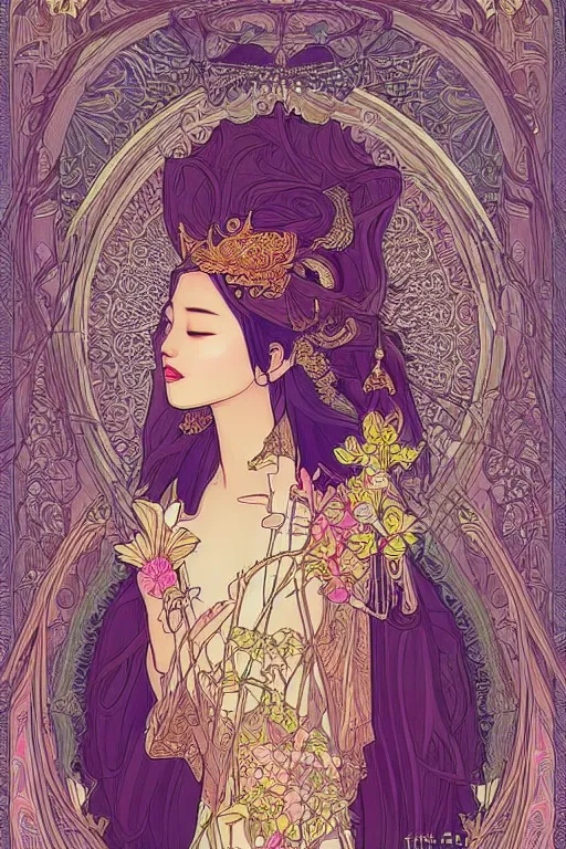 Image similar to beautiful and detailed digital illustration of thai princess by kittichai rueangchaichan, floralpunk, Artstation, art nouveau aesthetic, Alphonse Mucha background, intricate details,concept art, realistic, dramatic, detailed intricate ink illustration, heavenly atmosphere