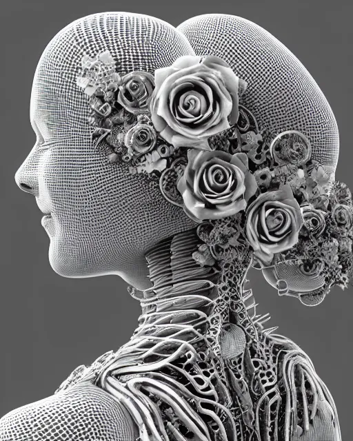 Image similar to mythical dreamy black and white organic bio-mechanical spinal ribbed profile face portrait detail of translucent steampunk beautiful siamese females angelic-human-queen-vegetal-cyborg, highly detailed, intricate trnaslucent ivy jelly ornate, poetic, translucent roses ornate, 3D render, digital art, octane render, 8K artistic photography, photo-realistic, by Dora Maar