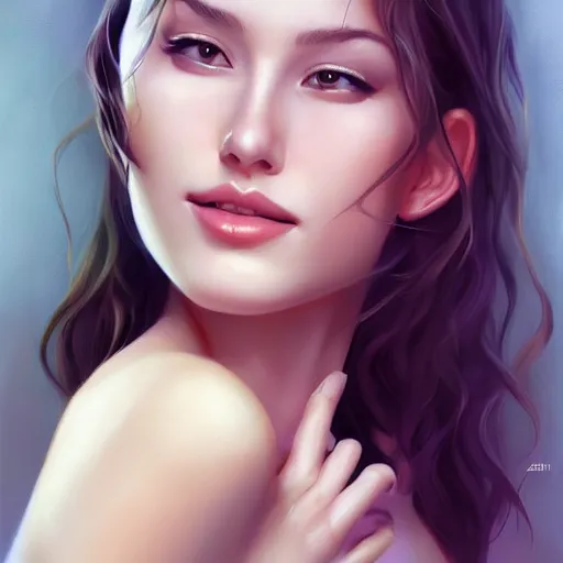 Prompt: a mouth a bit open, two eyes half closed, half a smile on her soul, a beautiful portrait on the wall. by artgerm and Alina Ivanchenko