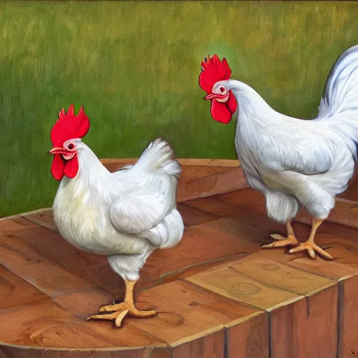 Image similar to chickens putting human beings in coops, oil painting, hyper realistic