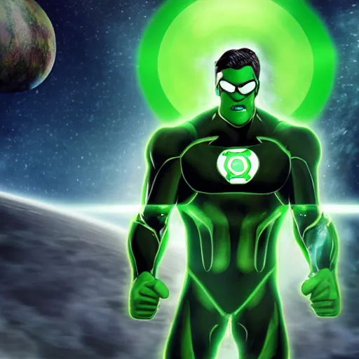 Image similar to A green lantern named Kilowogg soldier fights alone in space, surrounded by the Manhunters, extremely detailed 8k octane render